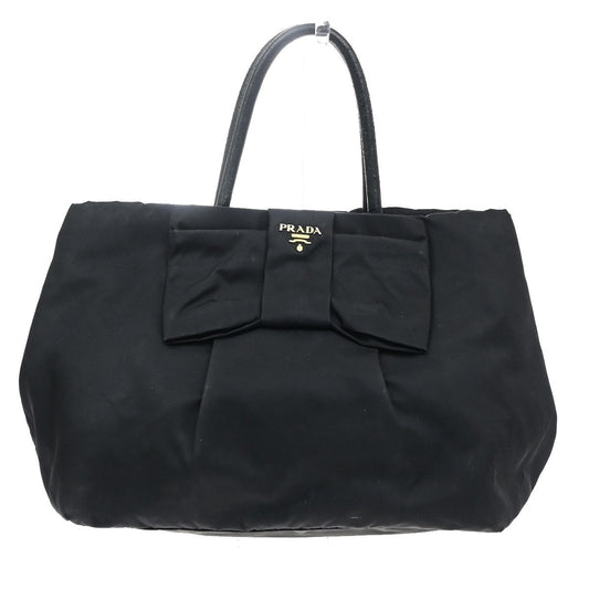 PRADA Logo Ribbon Tote Hand Bag Nylon Leather Black GHW Italy 30MA709
