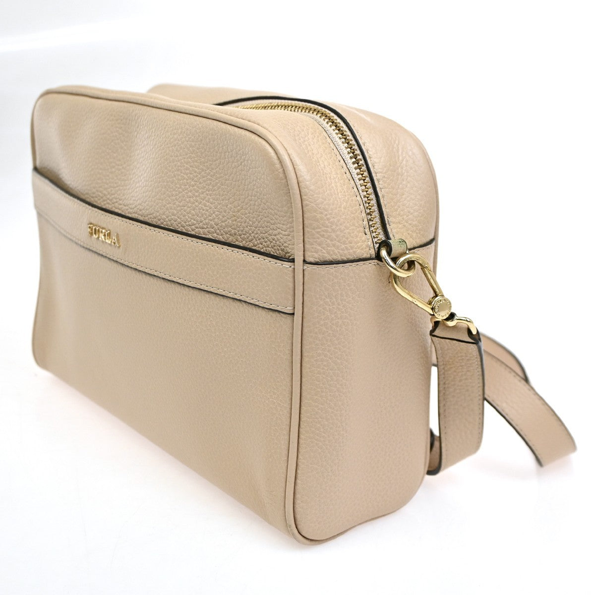 FURLA Logo Crossbody Shoulder Hand Bag Leather Beige GHW 08YH853