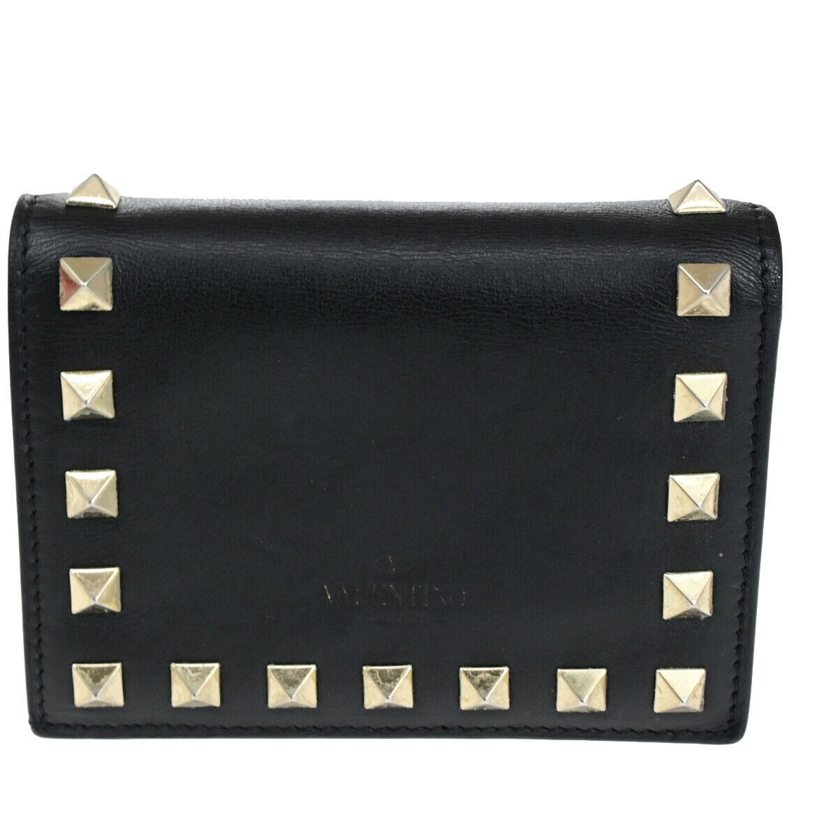 VALENTINO Logo Studs Compact Bifold Wallet Purse Leather Black GHW Italy 69YF968
