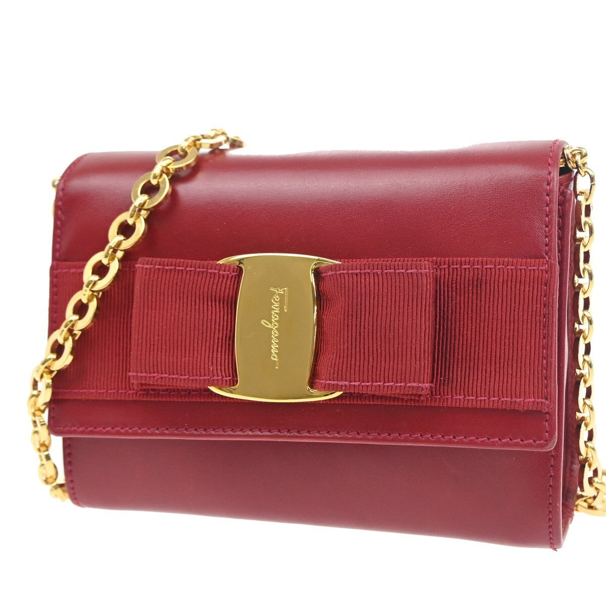 SALVATORE FERRAGAMO Vara 2Way Chain Mini Shoulder Clutch Bag Leather Red 31EE972