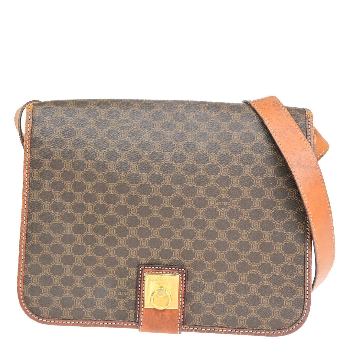 CELINE Logo Macadam Pattern Shoulder Bag PVC Leather Brown GHW Italy 05YF255