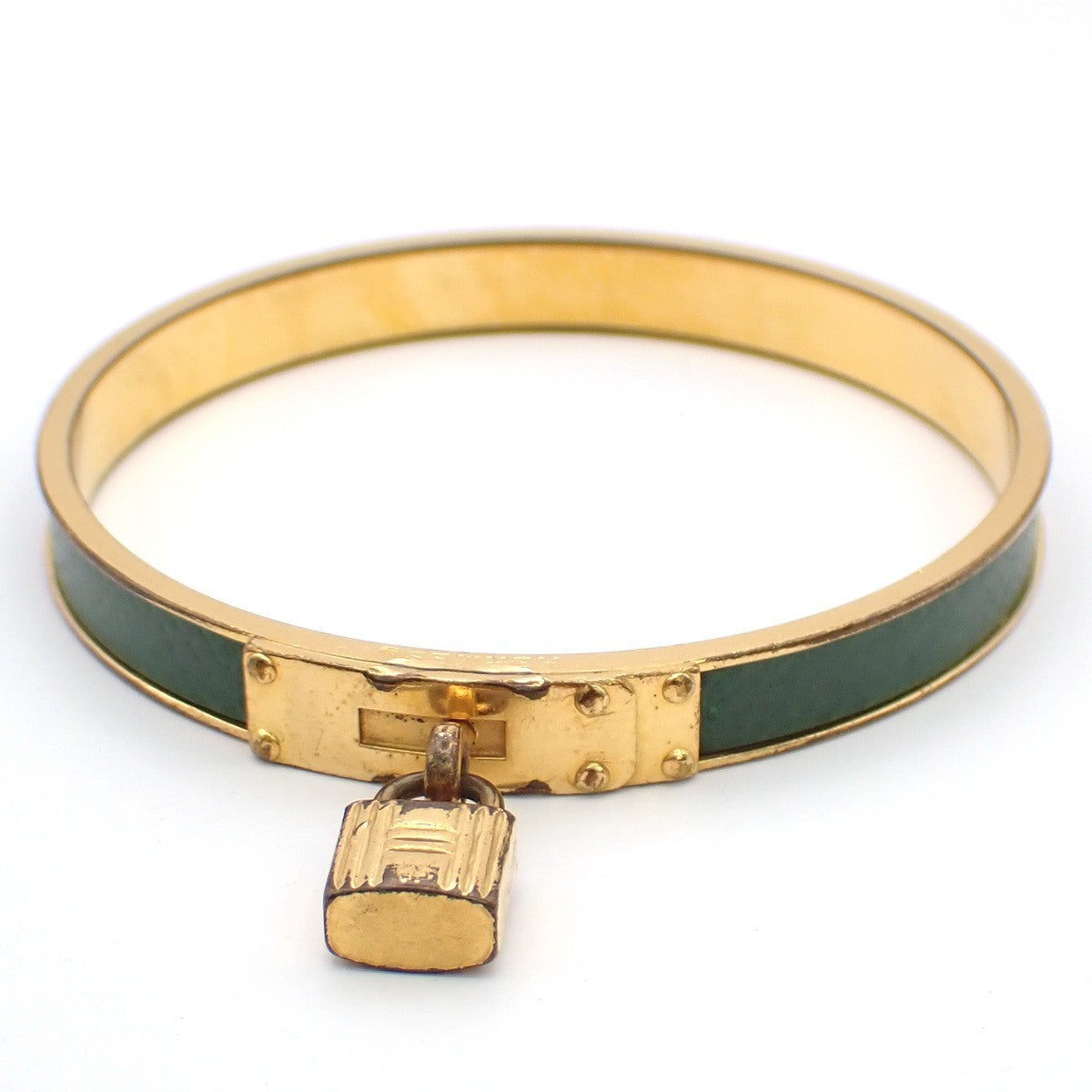 HERMES Logo Kelly Charm Bangle Bracelet Embossing Leather Green Gold 62KP350