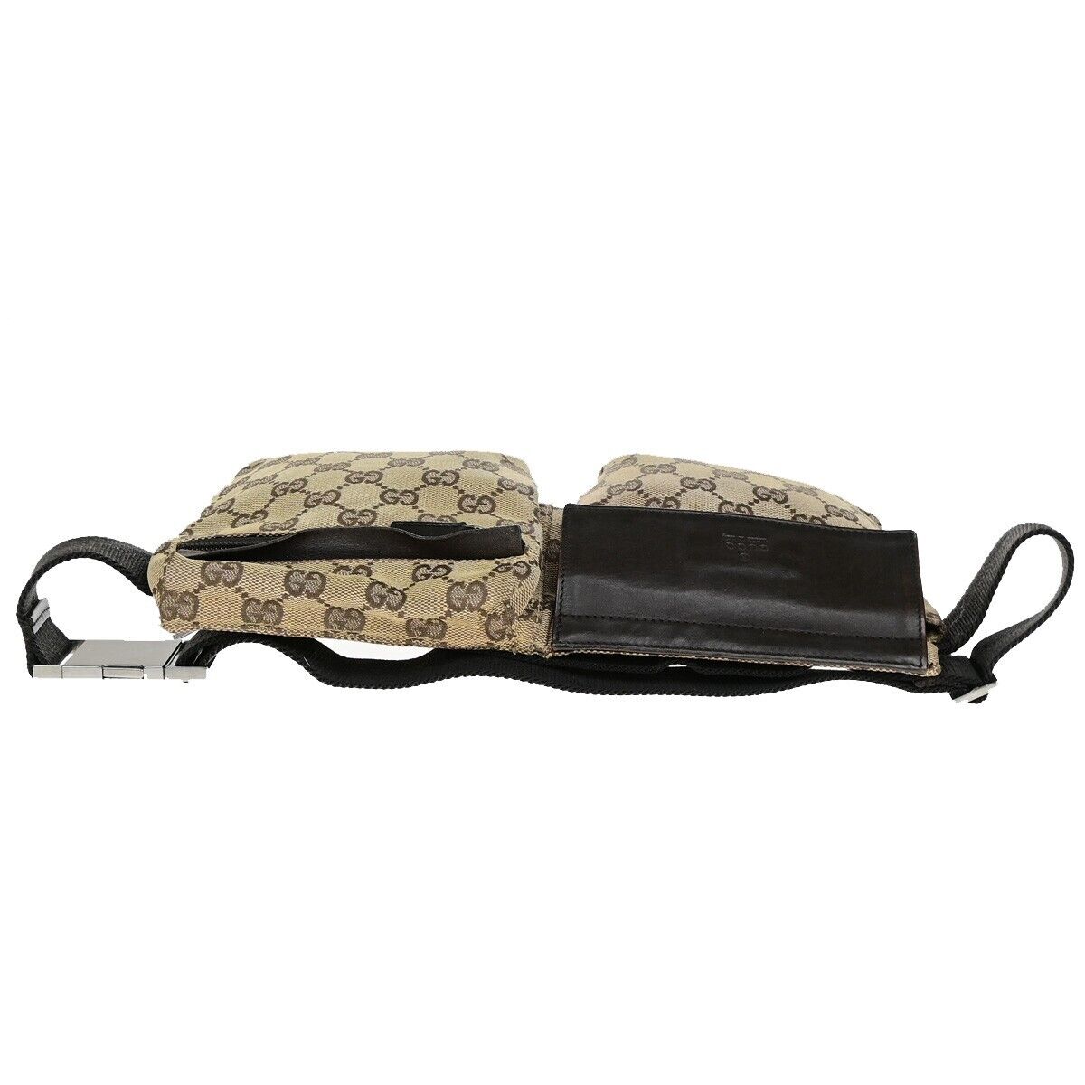 GUCCI Logo GG Pattern Bum Bag Belt Canvas Leather Brown Silver Italy 30ED208