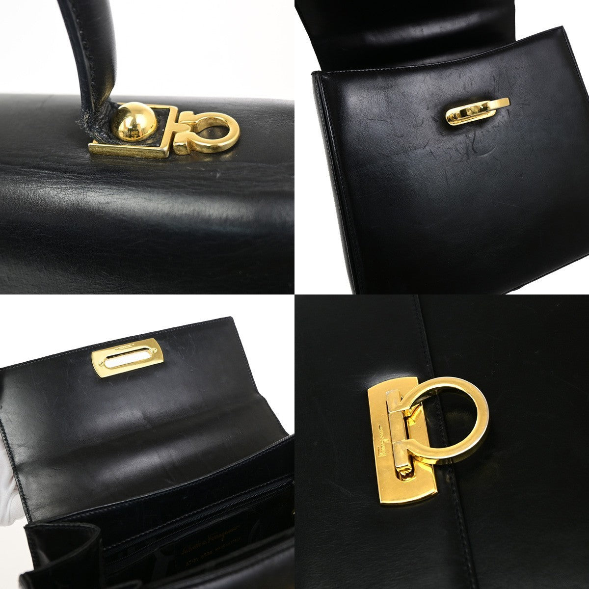 SALVATORE FERRAGAMO Logo Gancini Hand Bag Leather Black GHW Italy 38KD151