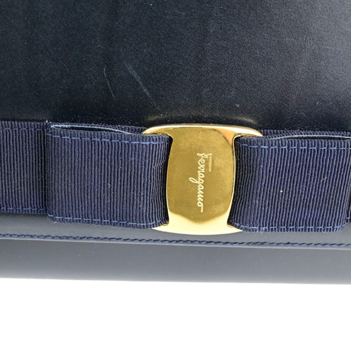 SALVATORE FERRAGAMO Logo Vara Shoulder Bag Leather Navy Blue GHW Italy 68YG010
