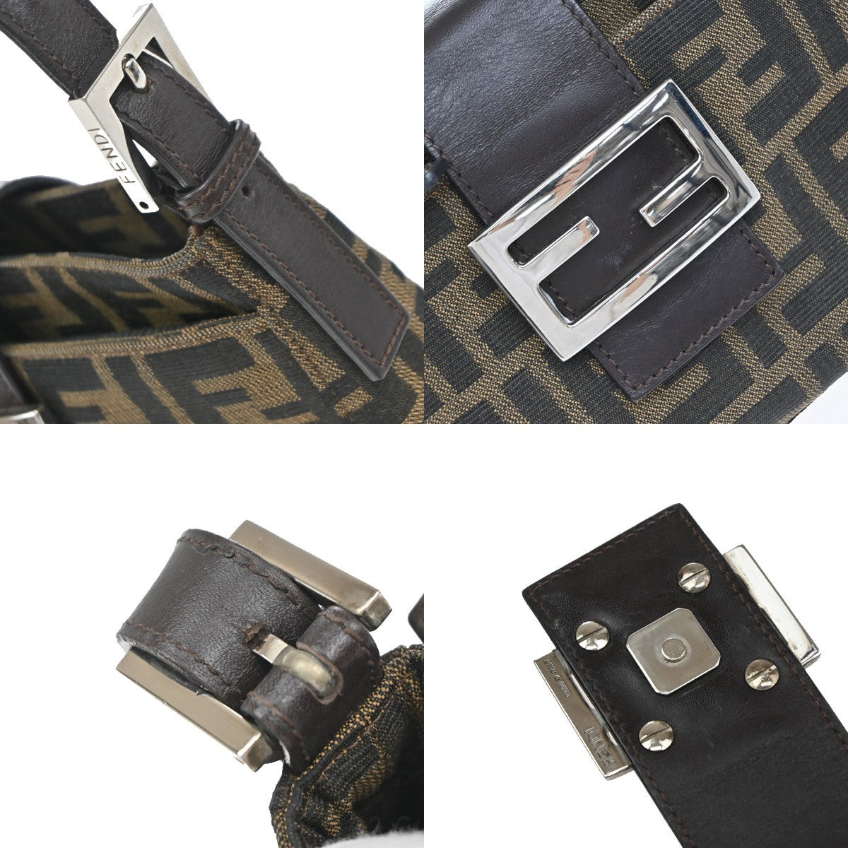 FENDI Logo Mamma Zucca Pattern Shoulder Bag Canvas Leather Brown Italy 46RF664