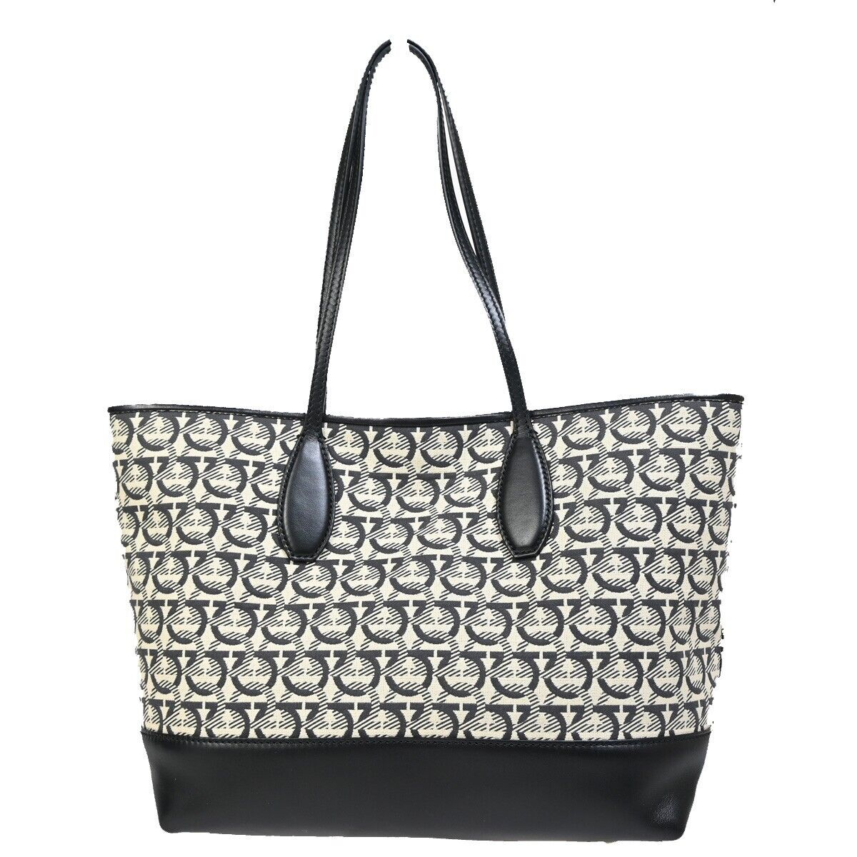 SALVATORE FERRAGAMO Gancini Shoulder Tote Bag Canvas Leather Black Gold 35SH764