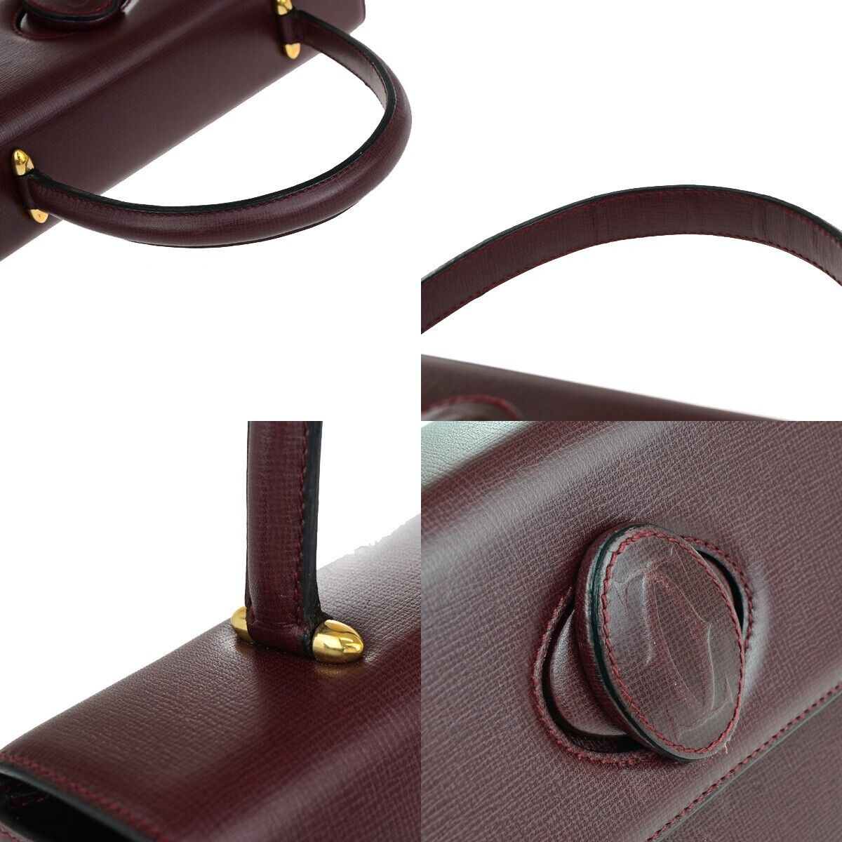 CARTIER 2C Logos Hand Bag Leather Bordeaux Gold-Plated Made In Spain 78EC825