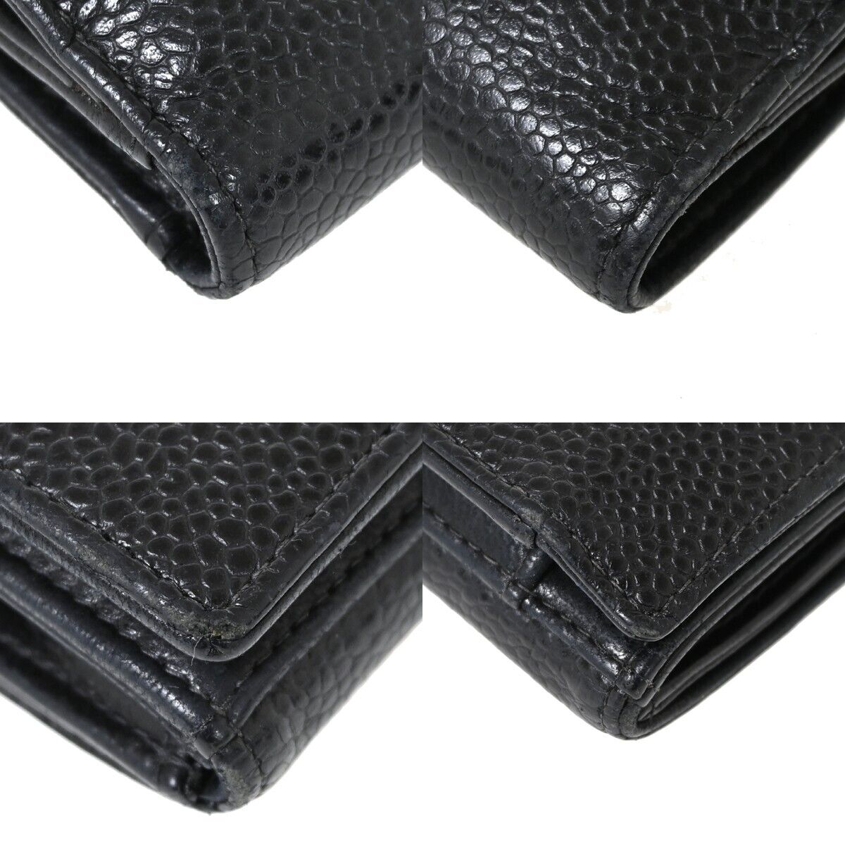 CHANEL CC Logo Bifold Wallet Purse Caviar Skin Leather Black France 68HB308