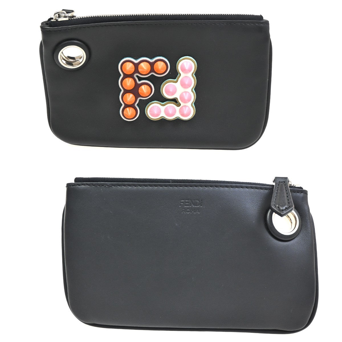 FENDI 3 Set Clutch Pouch Bag Leather Orange Pink Black SHW 34TA570