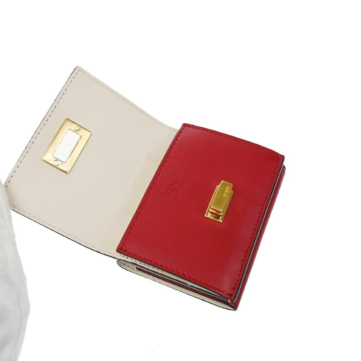 FENDI Logo Peekaboo Compact Trifold Wallet Purse Leather Red GHW Italy 30KB578