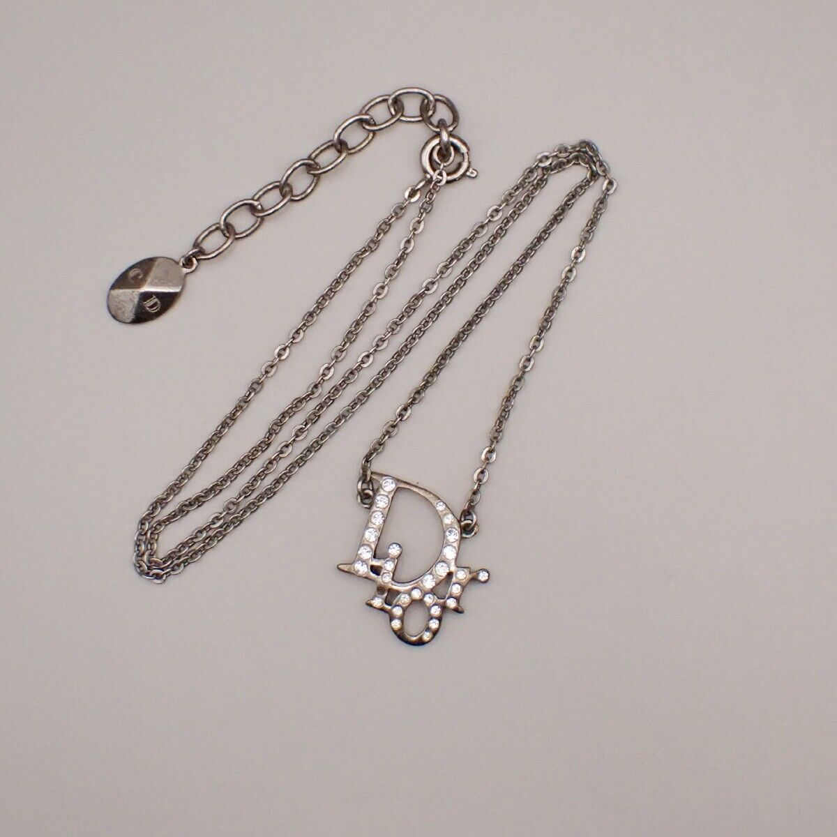 CHRISTIAN DIOR CD Logo Rhinestone Pendant Necklace Charm Silver 05YG841