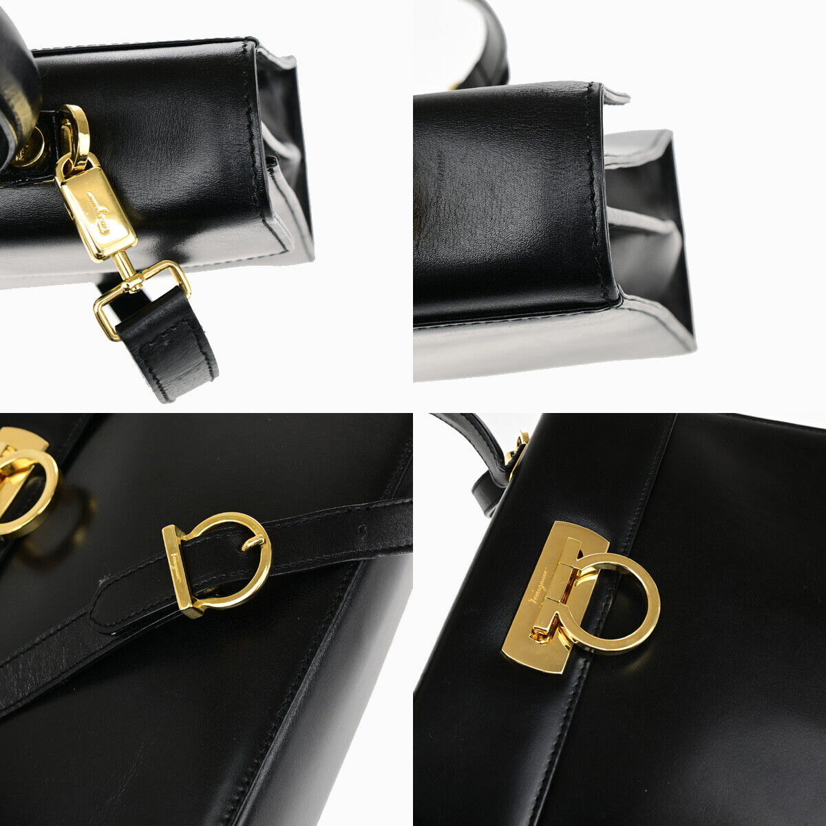 SALVATORE FERRAGAMO Gancini 2Way Shoulder Hand Bag Leather Black GHW 89YF705