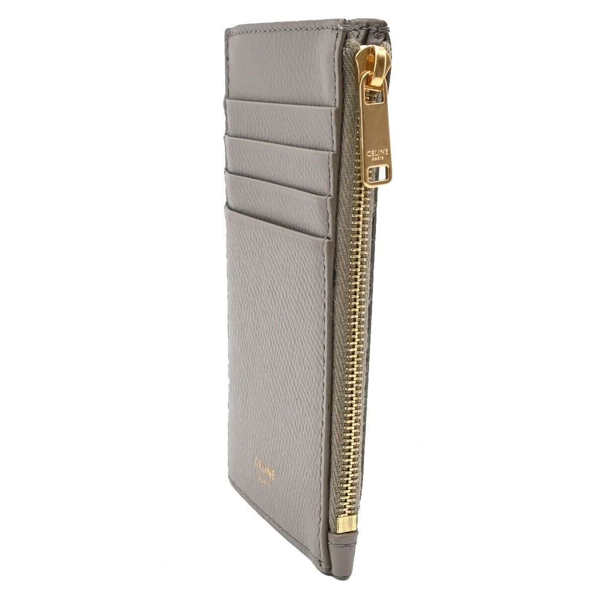 CELINE Logo Fragment Case Coin Zip Wallet Purse Leather Gray Gold Italy 36HB942