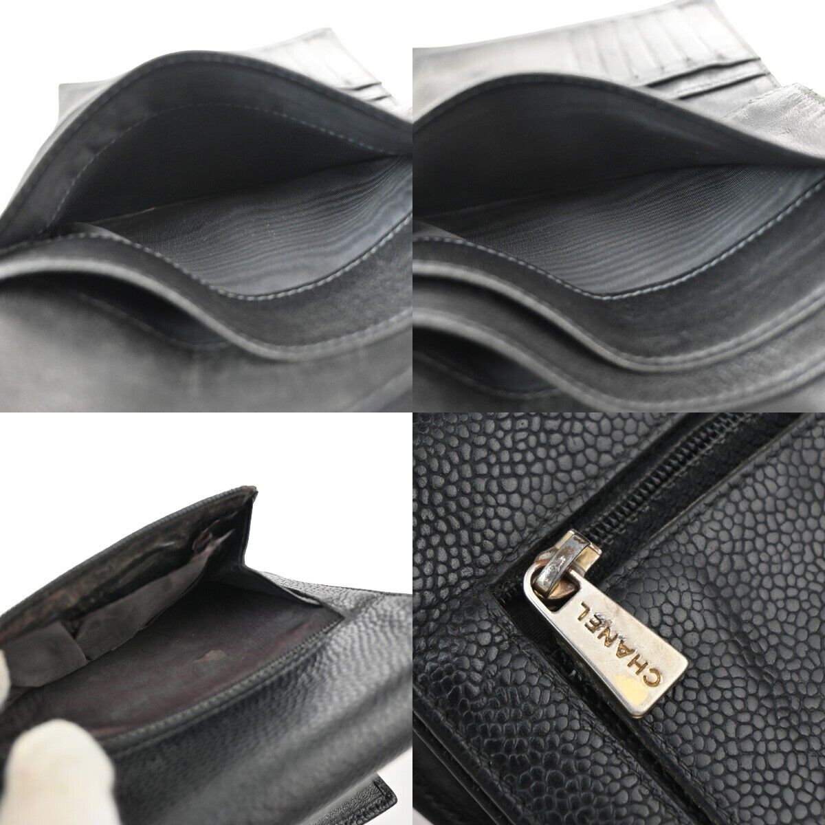 CHANEL CC Logo Trifold Wallet Purse Caviar Skin Leather Black GHW 02EA898