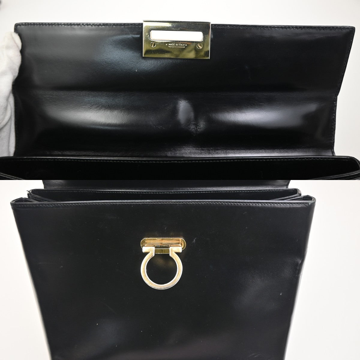 SALVATORE FERRAGAMO Logo Gancini Hand Bag Leather Black GHW Italy 62ZA115