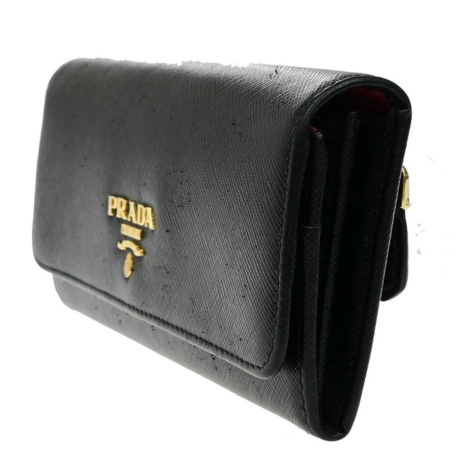 PRADA Logo Saffiano Multic Long Bifold Wallet Leather Black Pink GHW 37YH058