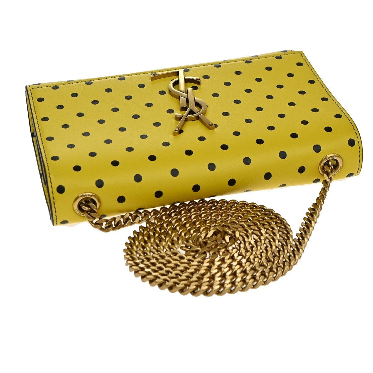 SAINT LAURENT YSL 2Way Dot Chain Shoulder Clutch Bag Yellow Black GHW 45RF959