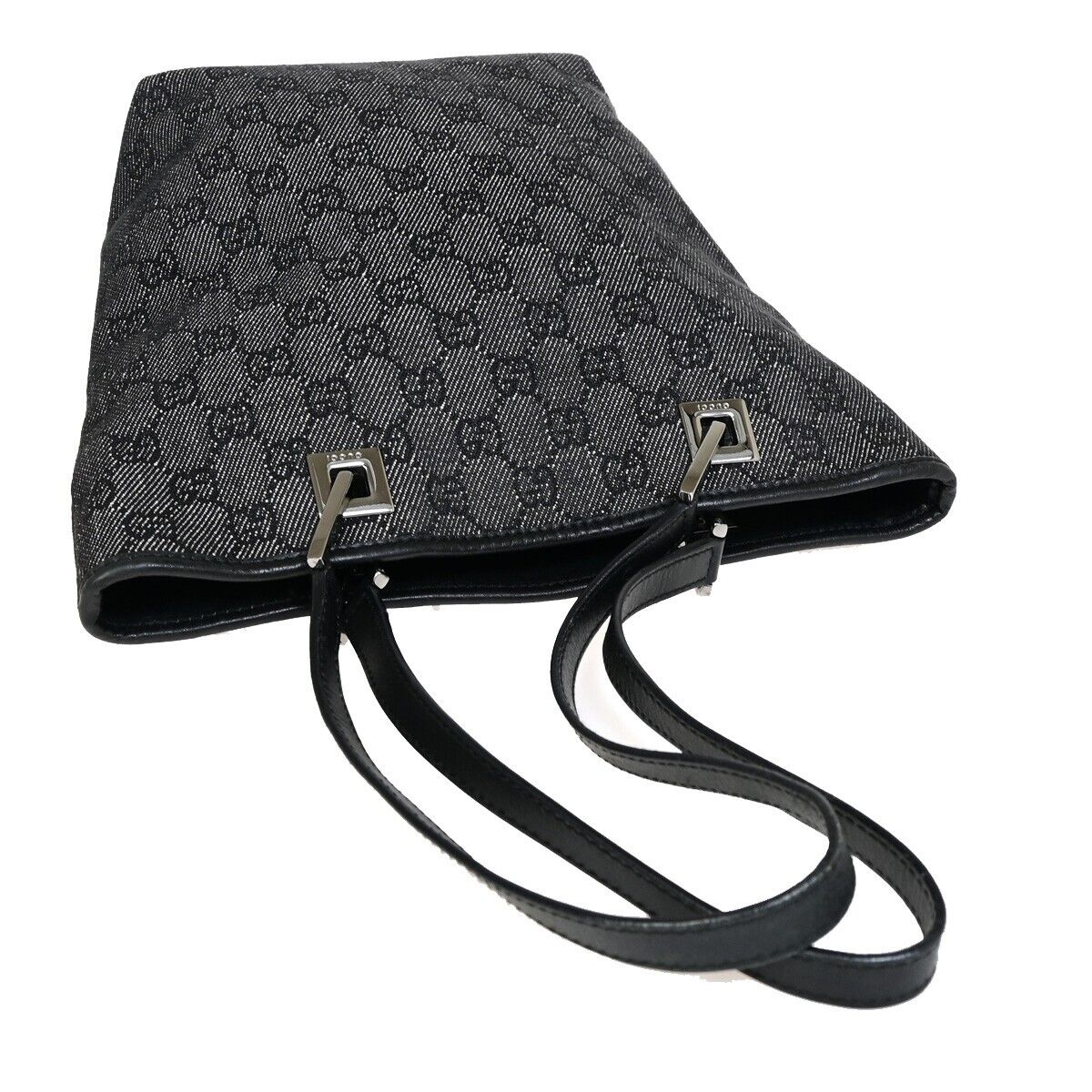 GUCCI GG Pattern Hand Tote Bag Canvas Leather Black Silver Italy 30EB786