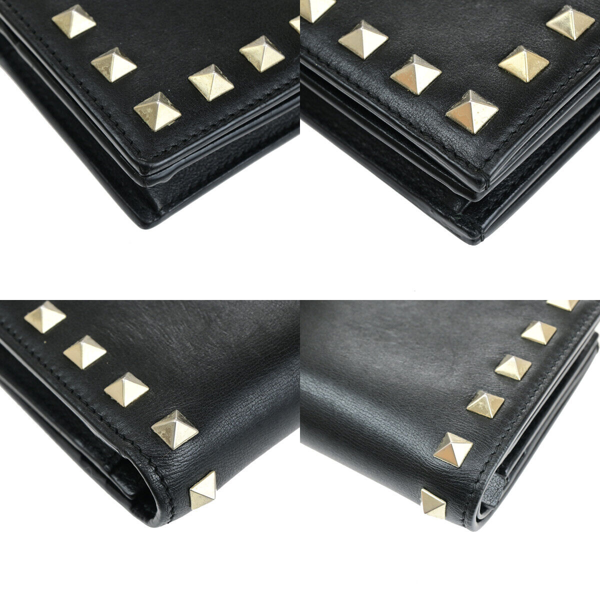 VALENTINO Logo Studs Compact Bifold Wallet Purse Leather Black GHW Italy 69YF968