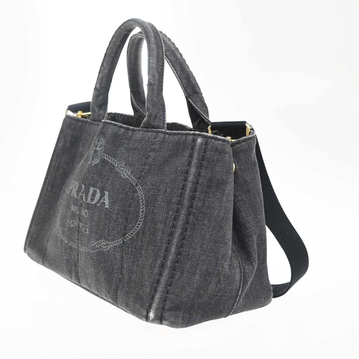PRADA Logo Canapa 2way Shoulder Hand Bag Canvas Leather Black GHW Italy 82MA679