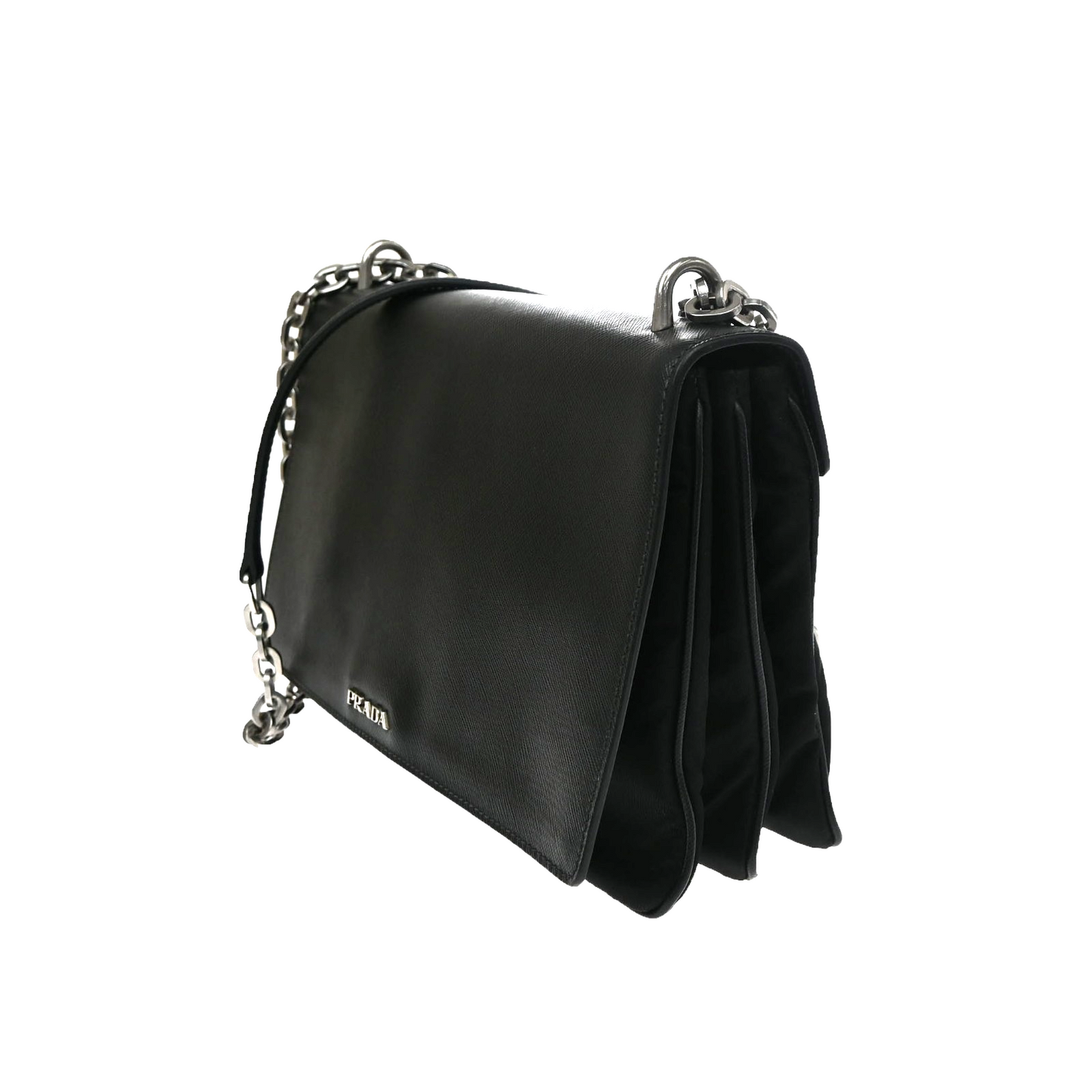 PRADA Saffiano Diagonal Chain Shoulder Bag Nylon Leather Black SHW 10KD064