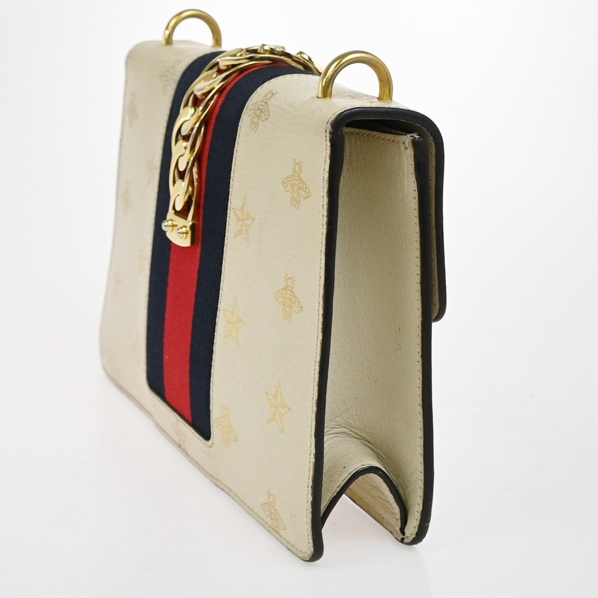 GUCCI Logo Bee Star Print Sylvie Shoulder Bag Leather Web Ribbon Ivory 71YJ087