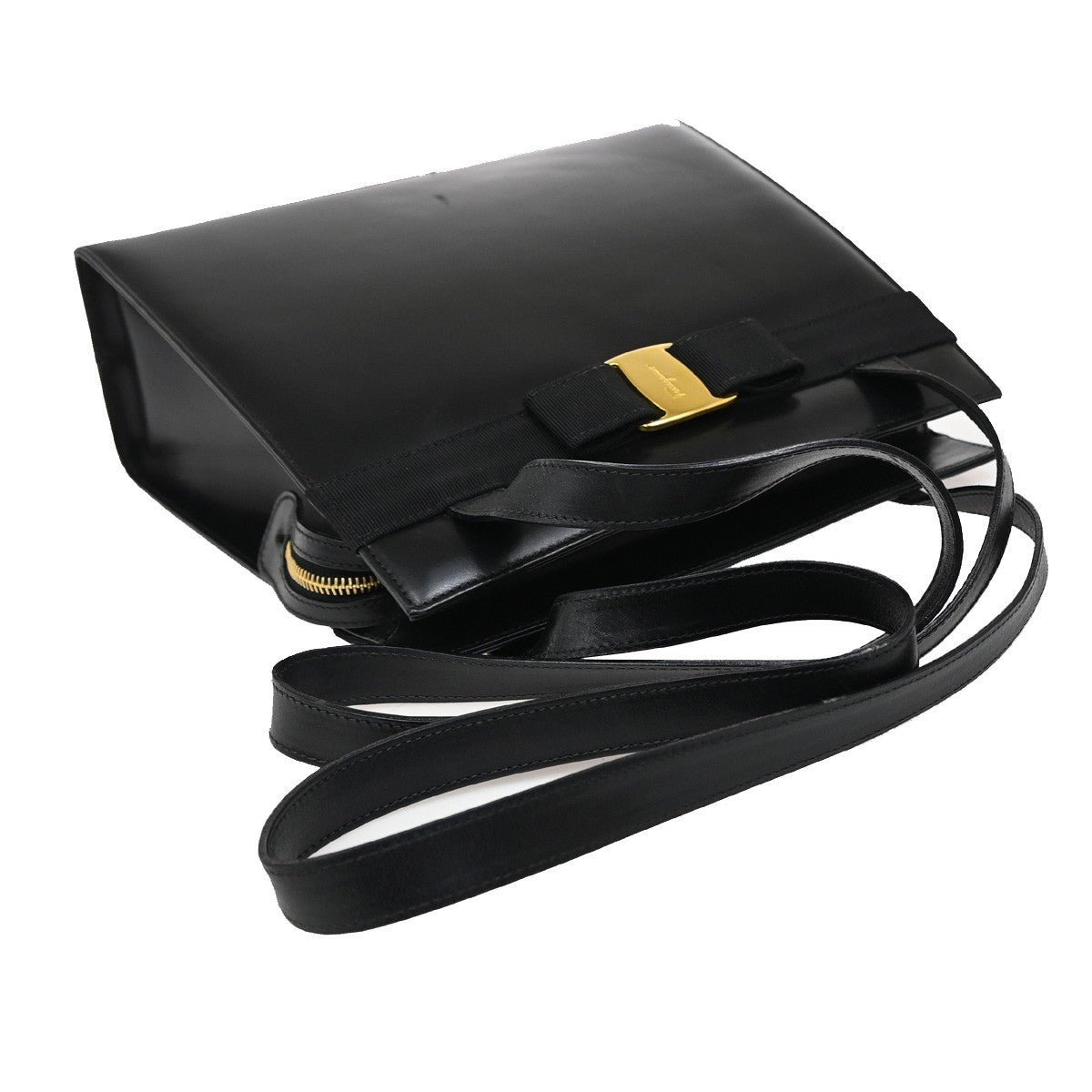 SALVATORE FERRAGAMO Logo Vara Shoulder Bag Canvas Leather Black Italy 65EF878