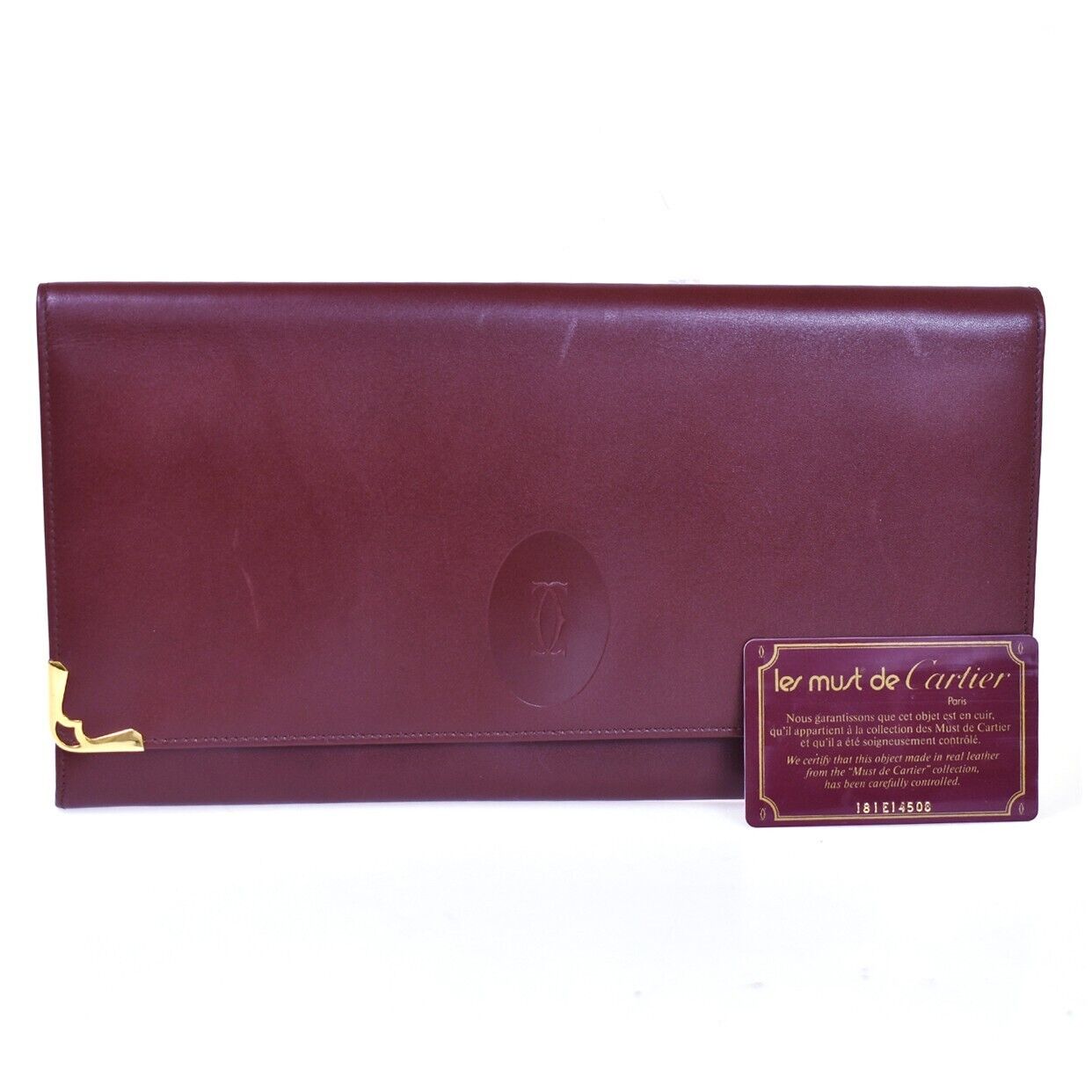MUST DE CARTIER 2C Logo Wallet Clutch Hand Bag Leather Bordeaux Gold 09EA018
