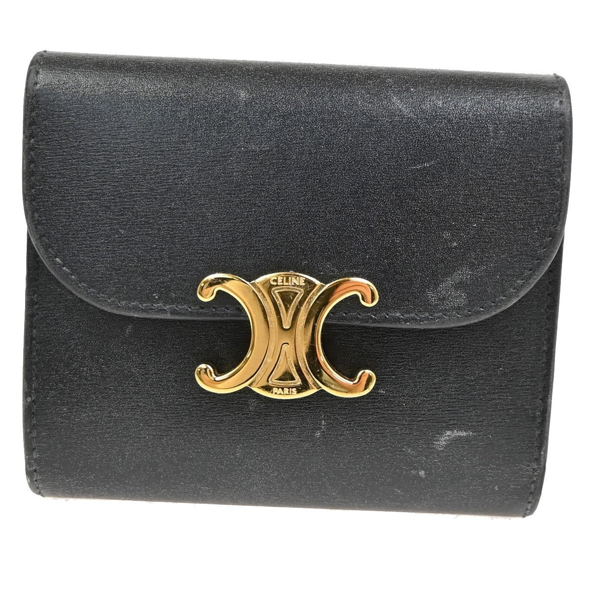 CELINE Triomphe Small Trifold Wallet Purse Leather Black GHW 31TA346