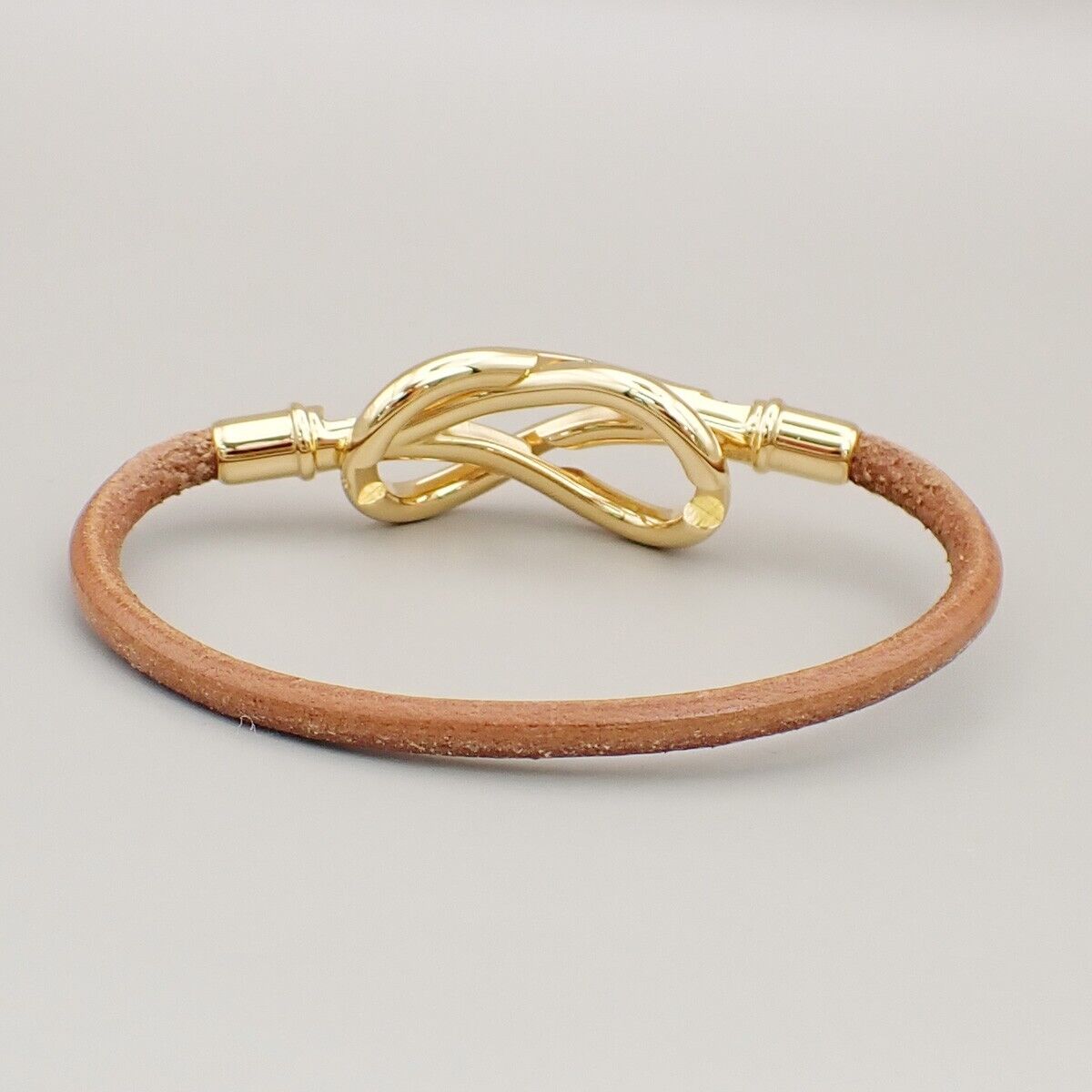 HERMES Logo Jumbo Hook Bracelet Leather Brown Gold Accessory 04ED436
