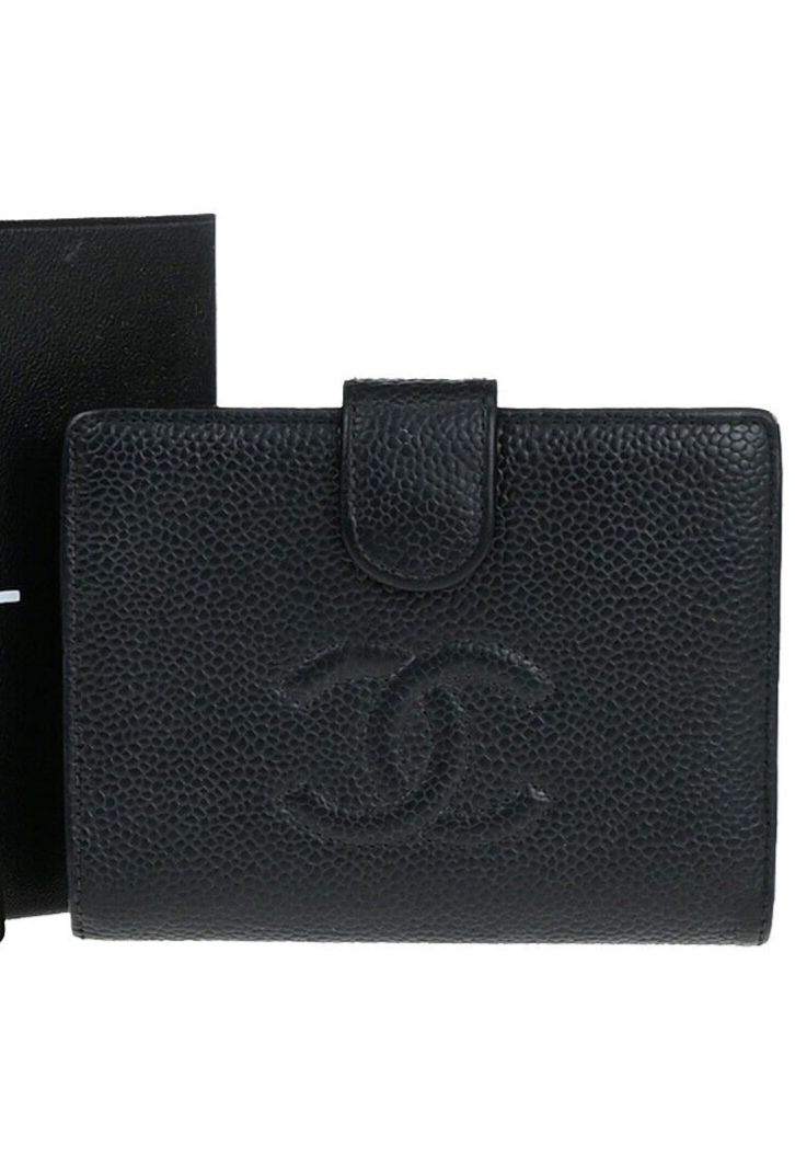 CHANEL CC Logo Compact Wallet Grained Calfskin Leather Black GHW France 87RK702