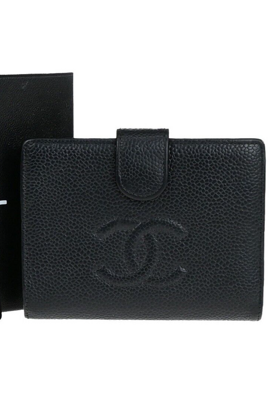 CHANEL CC Logo Compact Wallet Grained Calfskin Leather Black GHW France 87RK702