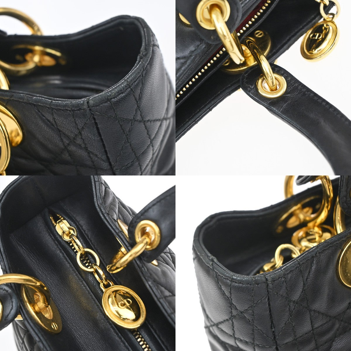 CHRISTIAN DIOR Lady Cannage Hand Tote Bag Leather Black Gold Italy 46RQ062