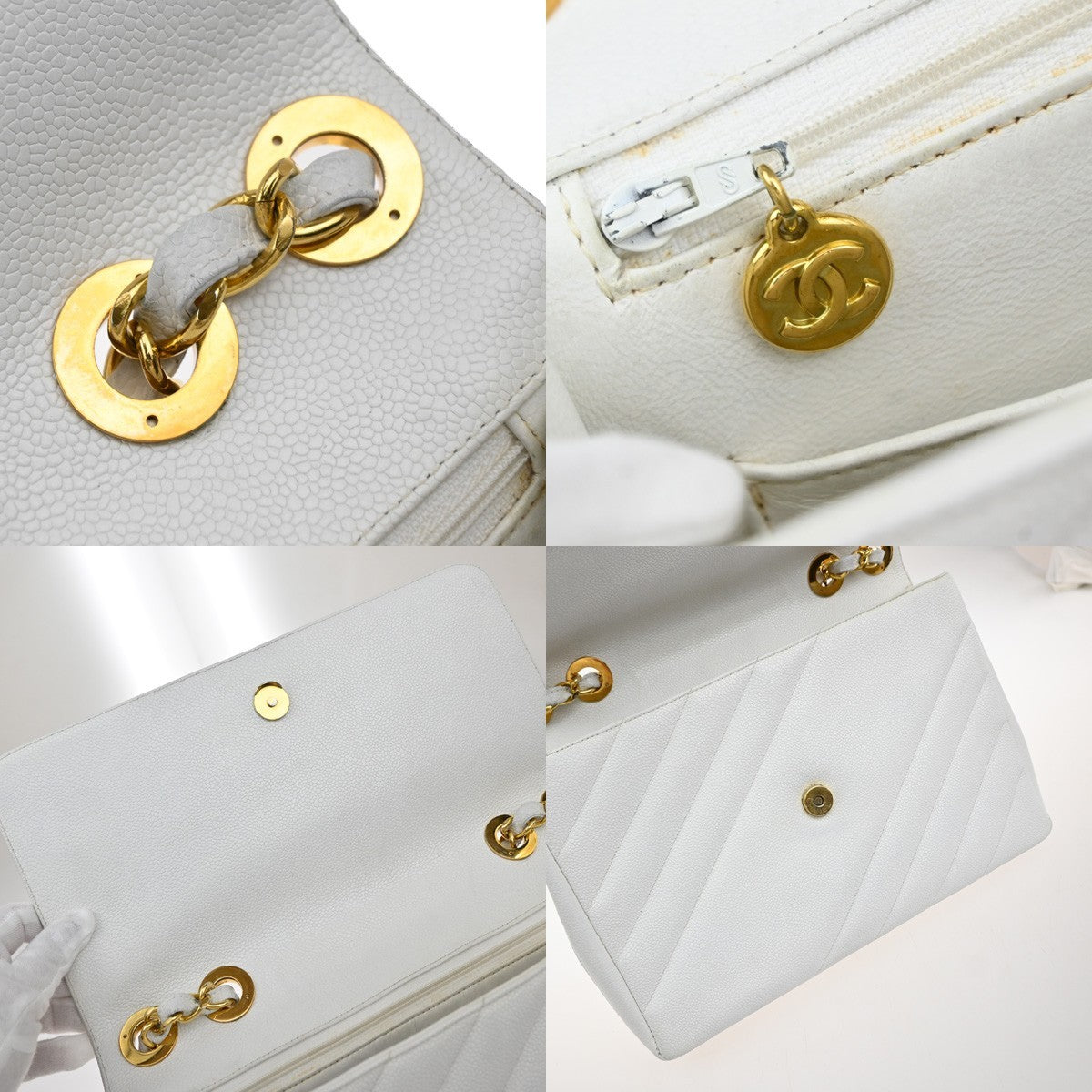 CHANEL CC Chain Shoulder Bag Grained Calfskin Leather White Vintage 834RP178