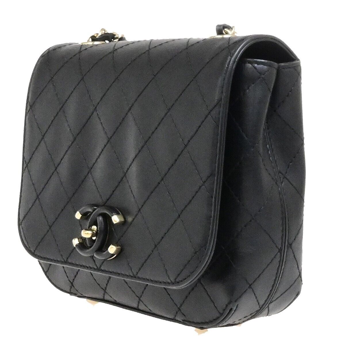 CHANEL CC Logo Mini Matelasse Chain Shoulder Bag Leather Black GHW 341RF214