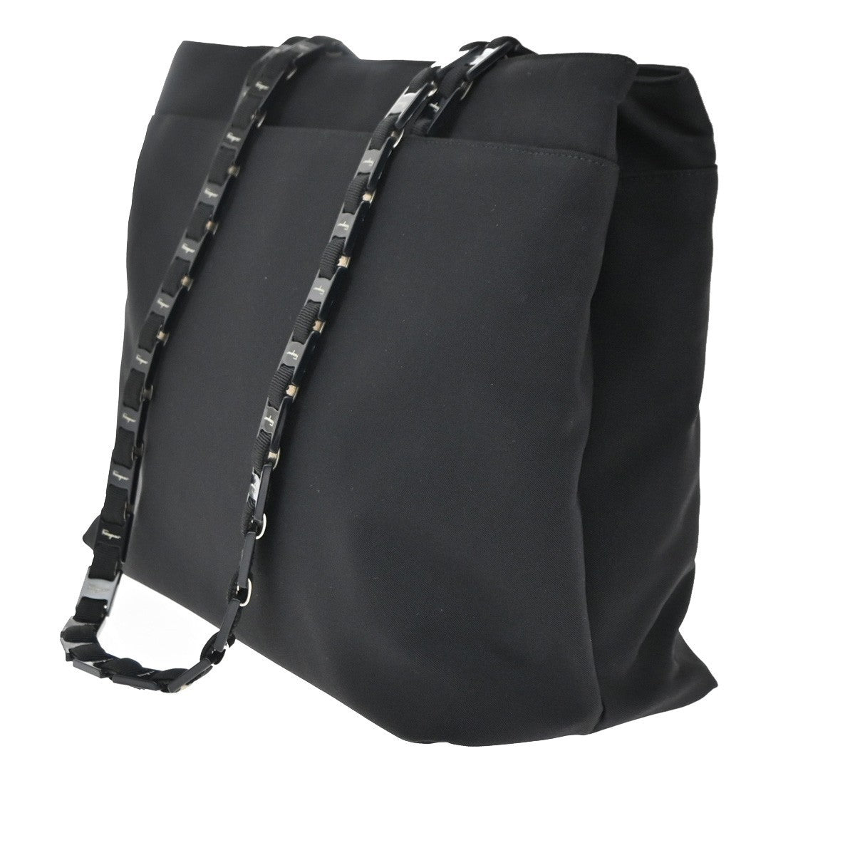 SALVATORE FERRAGAMO Vara Chain Tote Shoulder Bag Nylon Leather Black 61EG364
