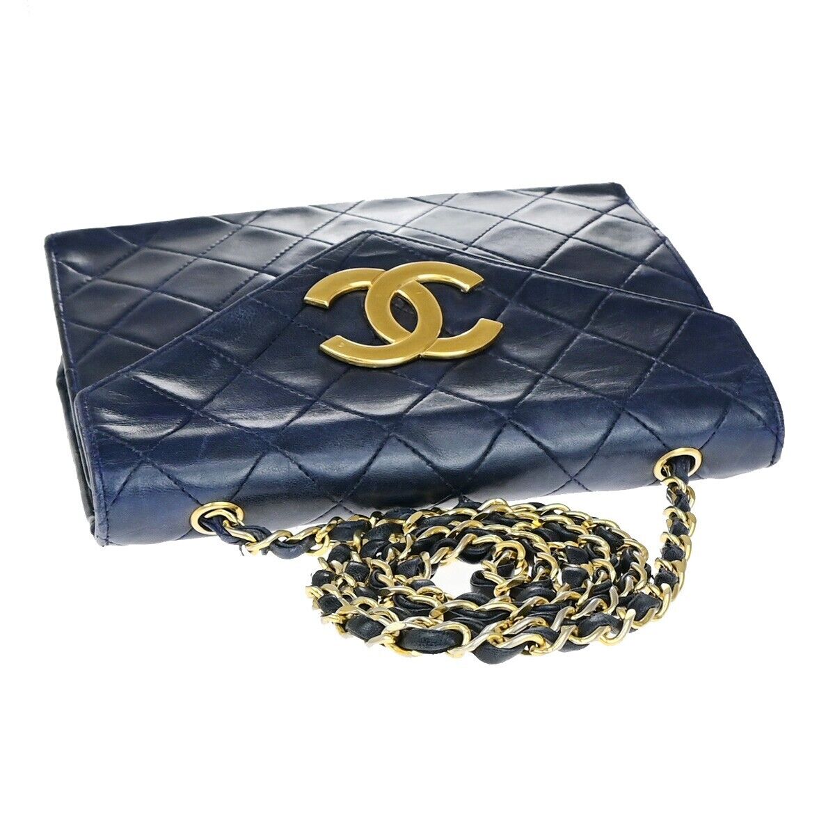 CHANEL CC Mini Matelasse Chain Shoulder Bag Leather Navy Blue Vintage 674RK667