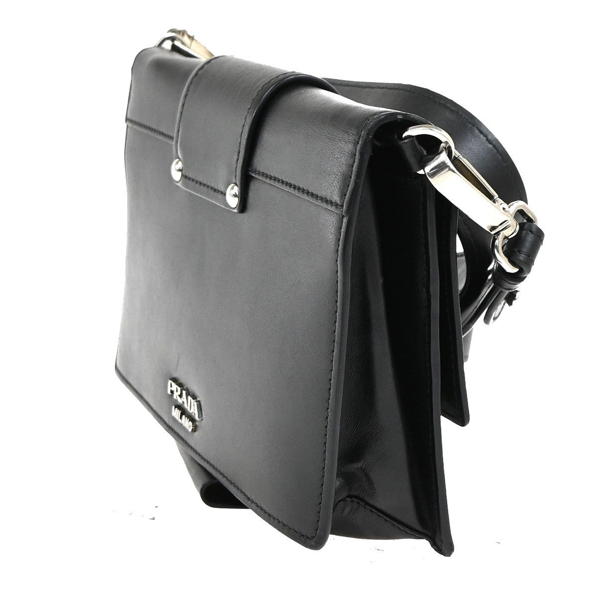 PRADA Logo Metal Ribbon Mini Shoulder Bag City Calf Leather Black SHW 79YJ076
