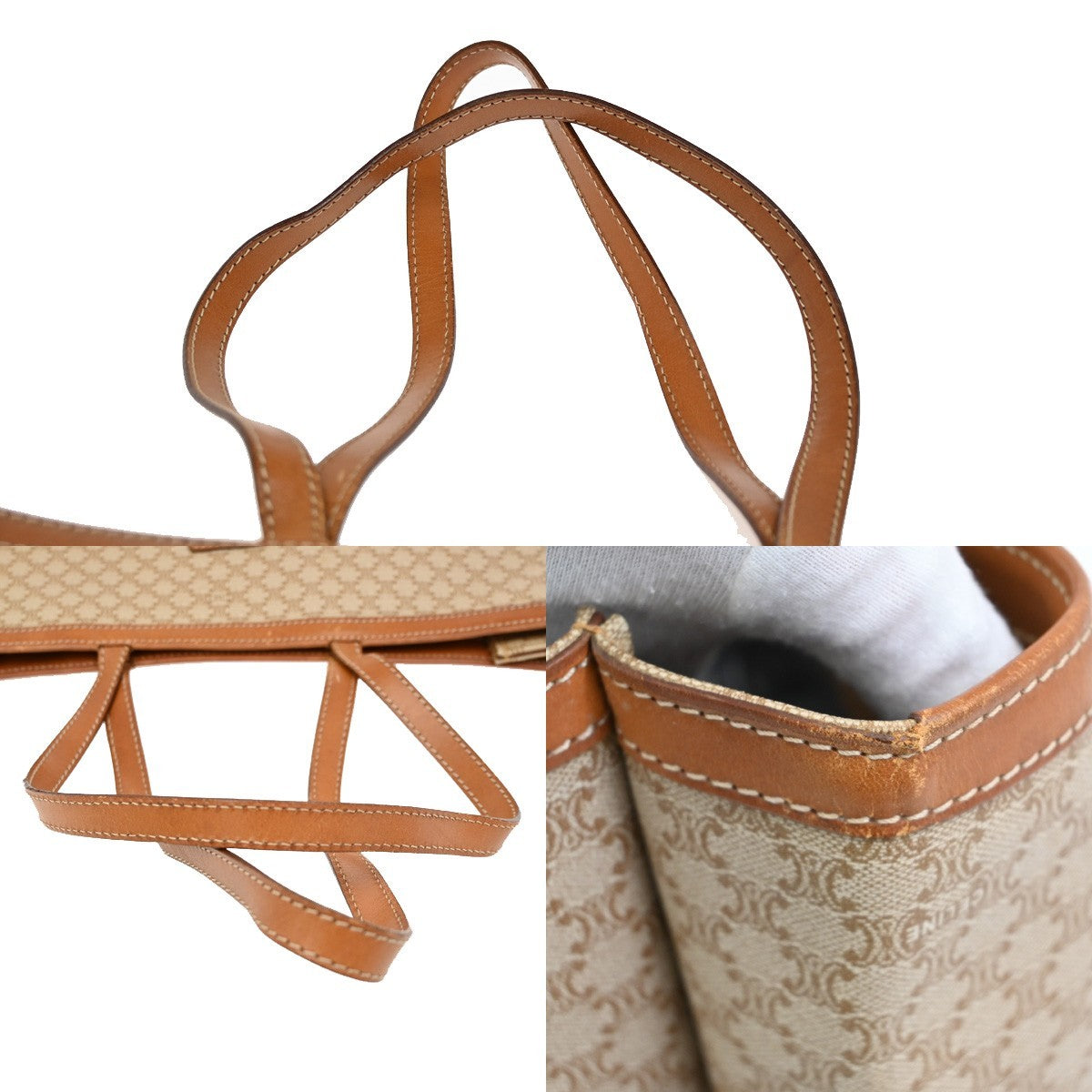 CELINE Logo Macadam Pattern Shoulder Tote Bag PVC Leather Beige GHW 60TA081