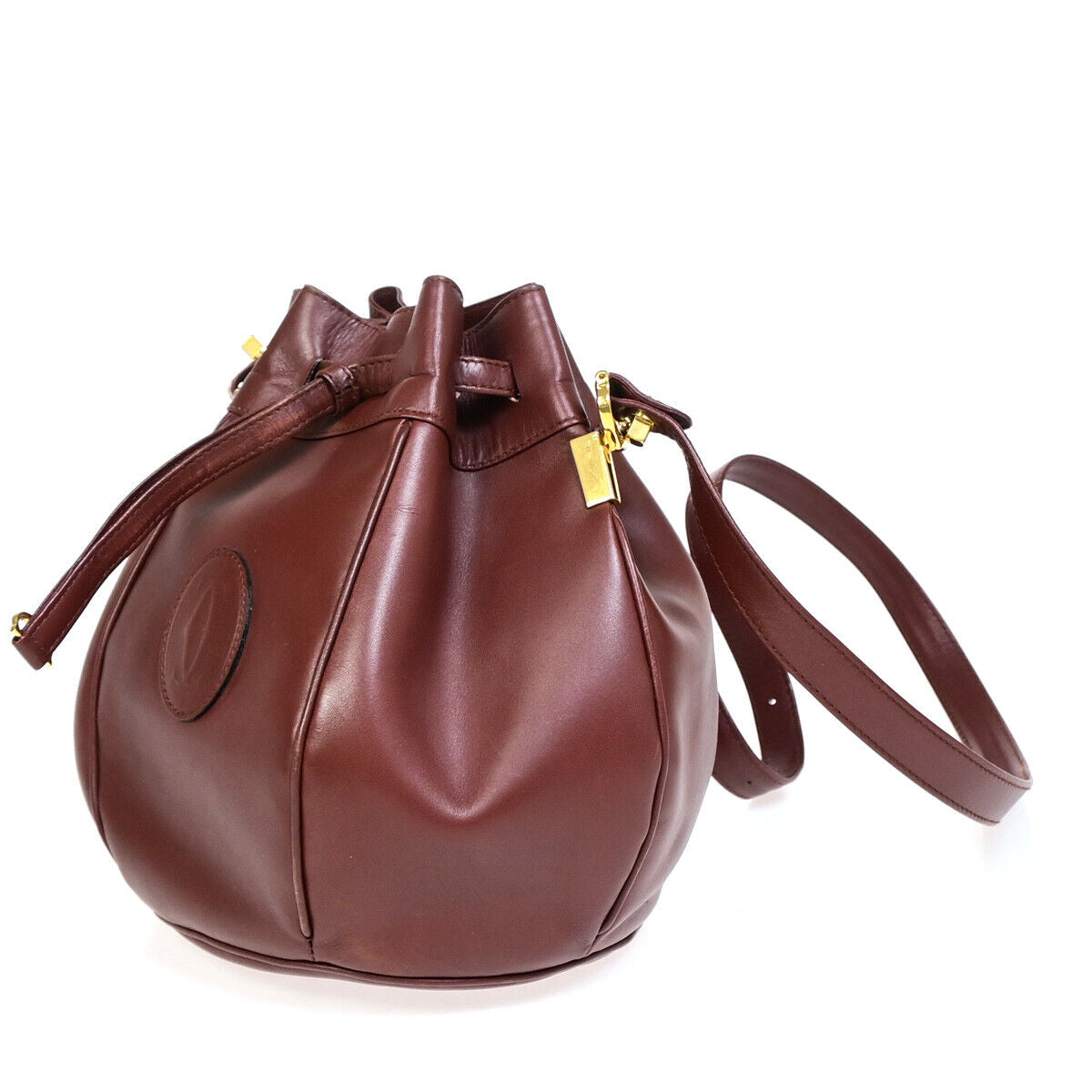 MUST DE CARTIER 2C Logo Drawstring Shoulder Bag Leather Bordeaux GHW 64YE754