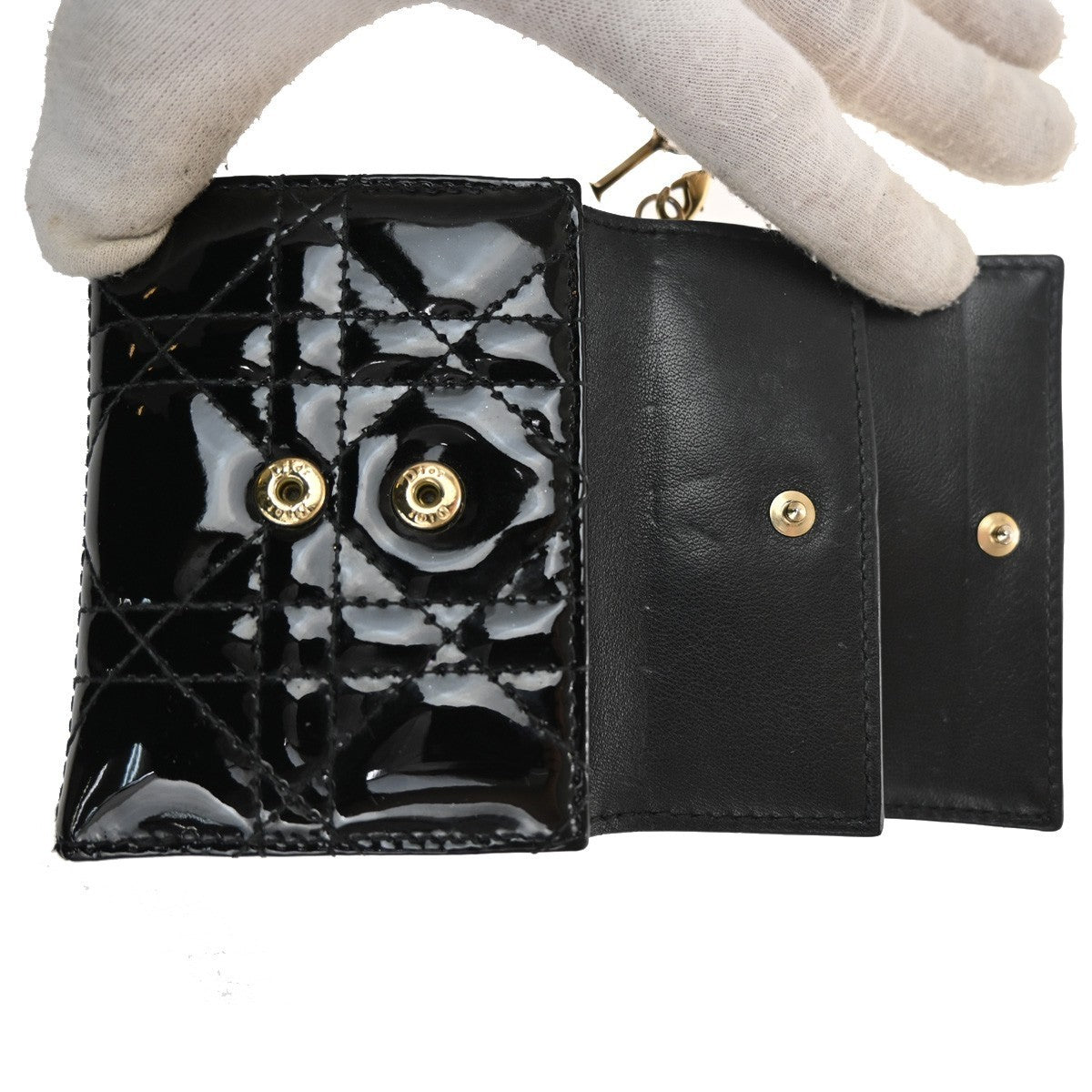CHRISTIAN DIOR Cannage Trifold Compact Wallet Patent Leather Black GHW 35TA317