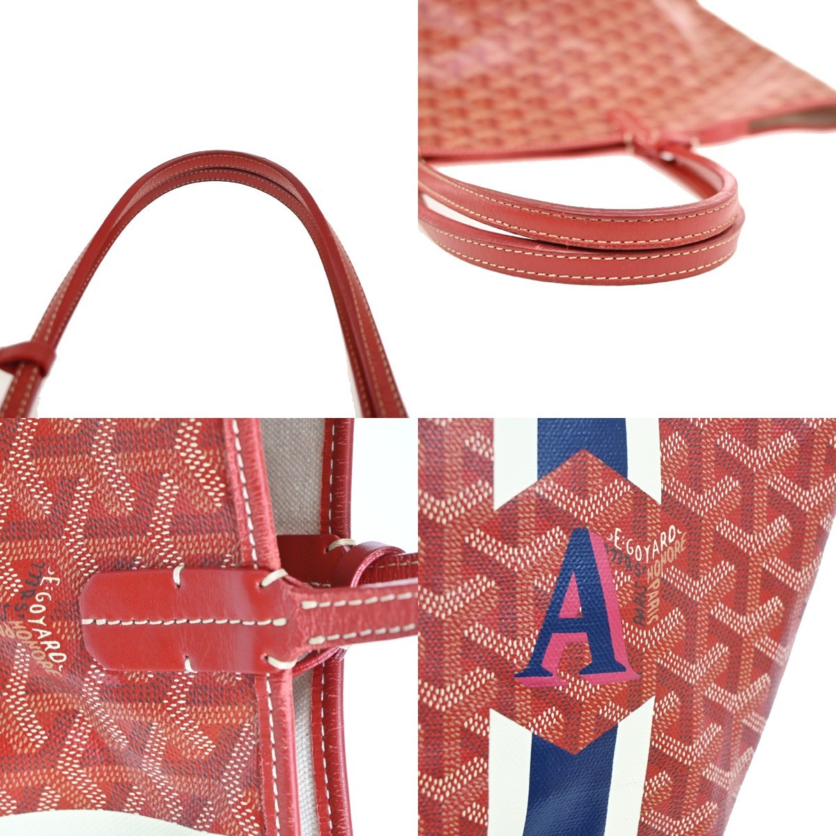 GOYARD Saint Louis PM stripe initial Tote Bag Pouch Red Canvas Leather 620RL919