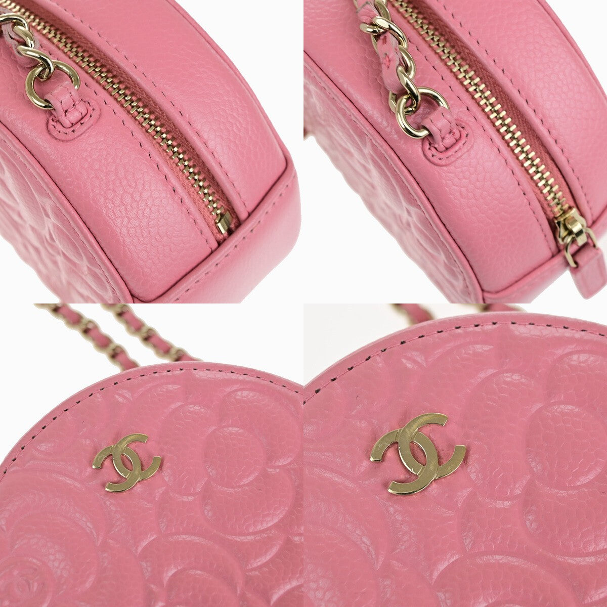 CHANEL CC Logo Camellia Round Mini Chain Shoulder Bag Grained Pink 337RK175