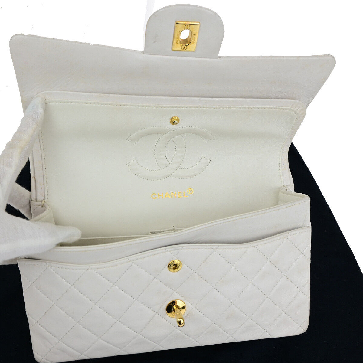 CHANEL CC Matelasse 25 Double Flap Chain Shoulder Bag Leather White GHW 385RK092