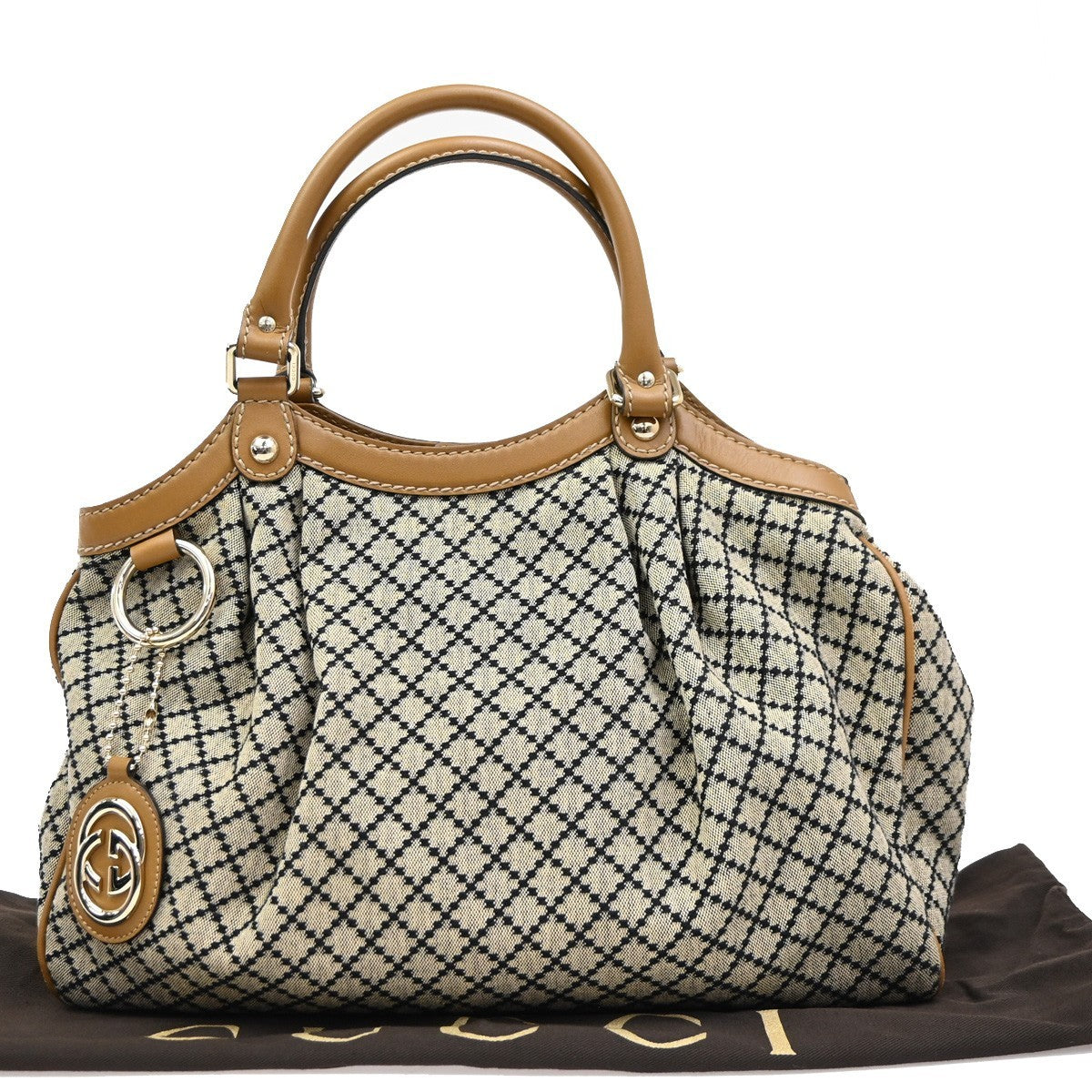 GUCCI Diamante Sukey Shoulder Bag Charm Canvas Leather Brown Black GHW 85KB751