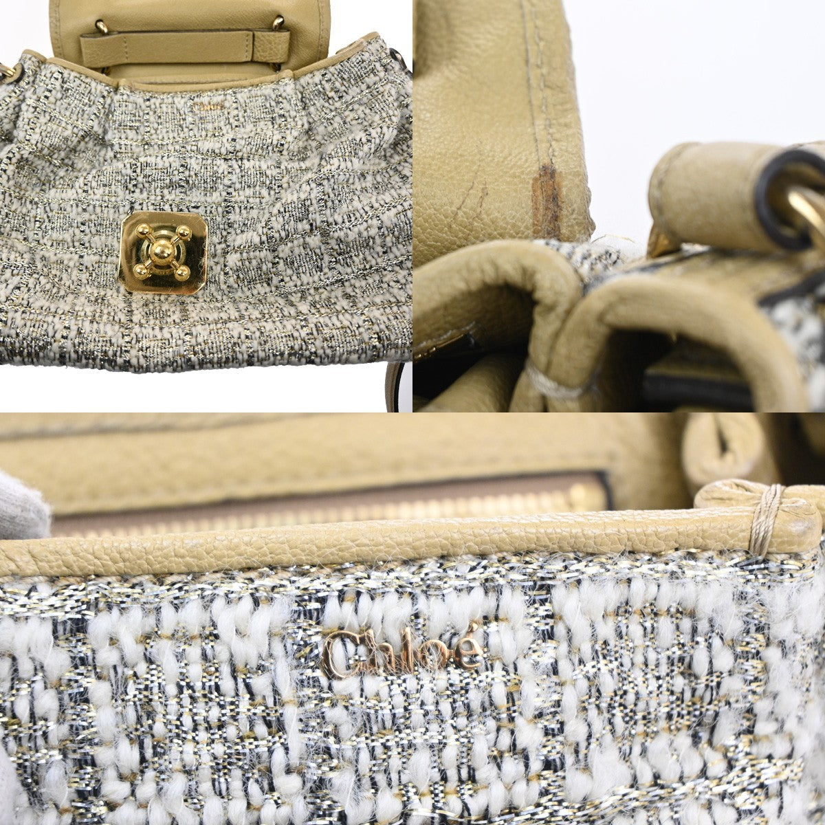 CHLOE Logo Elsie 2Way Shoulder Hand Bag Tweed Leather Beige GHW Italy 64KP549