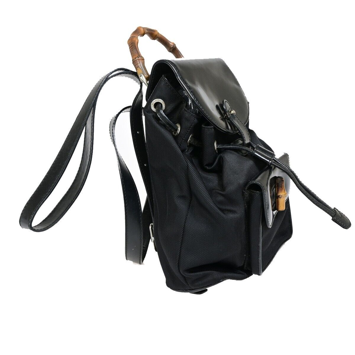 GUCCI Logo Bamboo Backpack Bag Leather Nylon Black Italy 68EB288