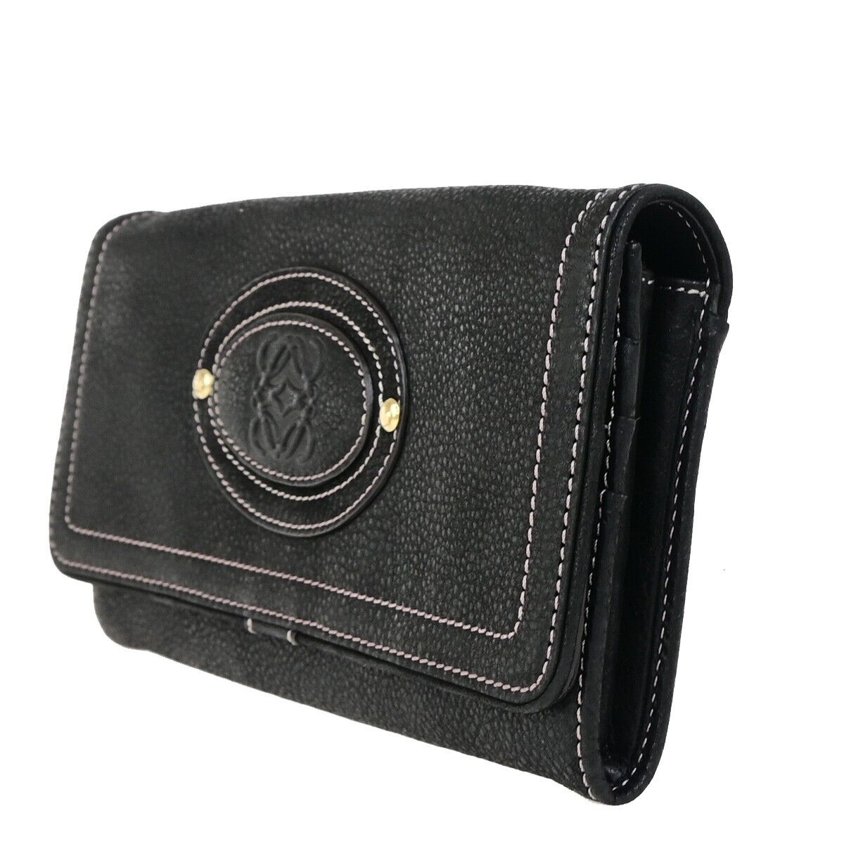 LOEWE Logo Anagram Stitch Bifold Long Wallet Purse Leather Black GHW 67SJ481