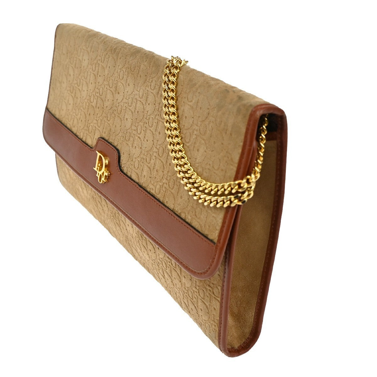 CHRISTIAN DIOR Trotter Chain Shoulder Clutch Bag Suede Leather Beige GHW 69TA411